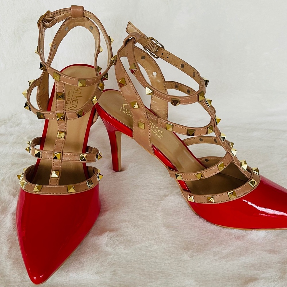Catherine M. Hot red stud Heels size 6